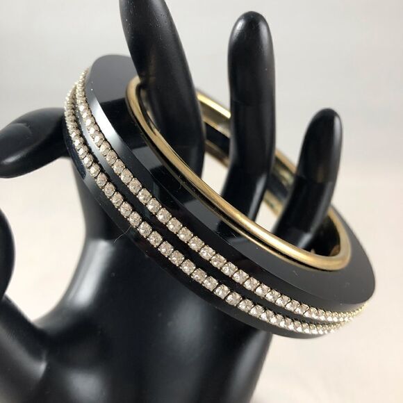 Vintage Bracelet Black lucite gold inner trim, double band of Swarovski Crystals - Picture 2 of 7